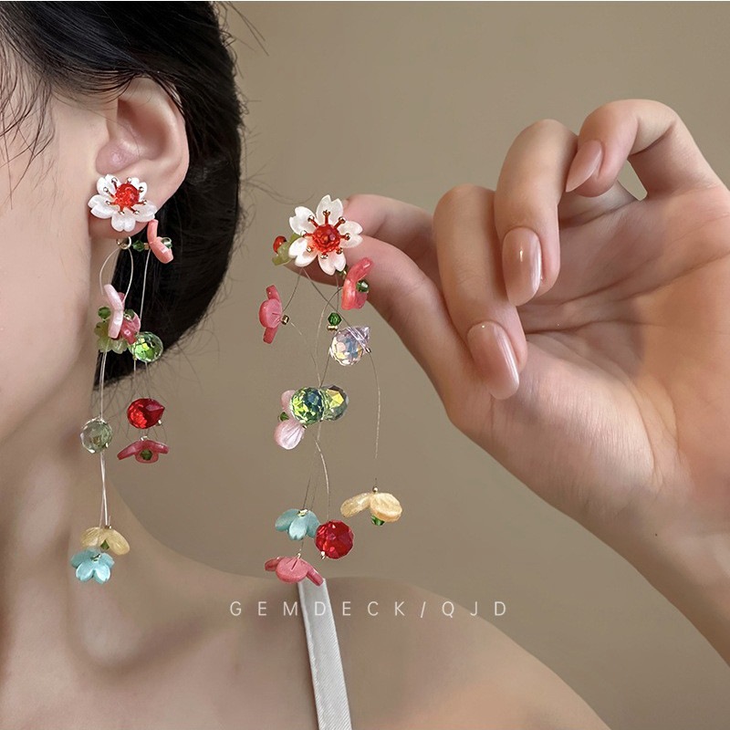 Tassel Earrings Boho - Floral Tassel Multicolor Clip Earrings Design