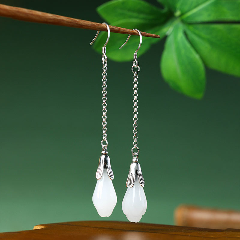 Women'S Yellow Accessories - White Real Jade Flower Earrings Stone