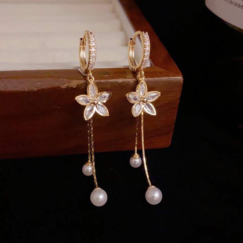 Luxury Zircon Flower Pearl Tas - Tassel Earrings Boho ulasan dan harga